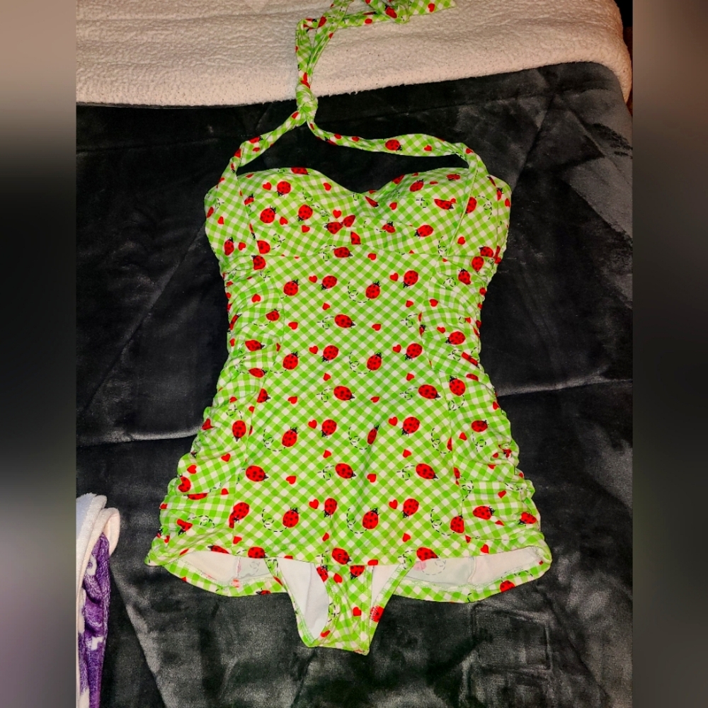 Unique Vintage Green Gingham Ladybug Sheath Halter Swimsuit - MED - FLAW READ**